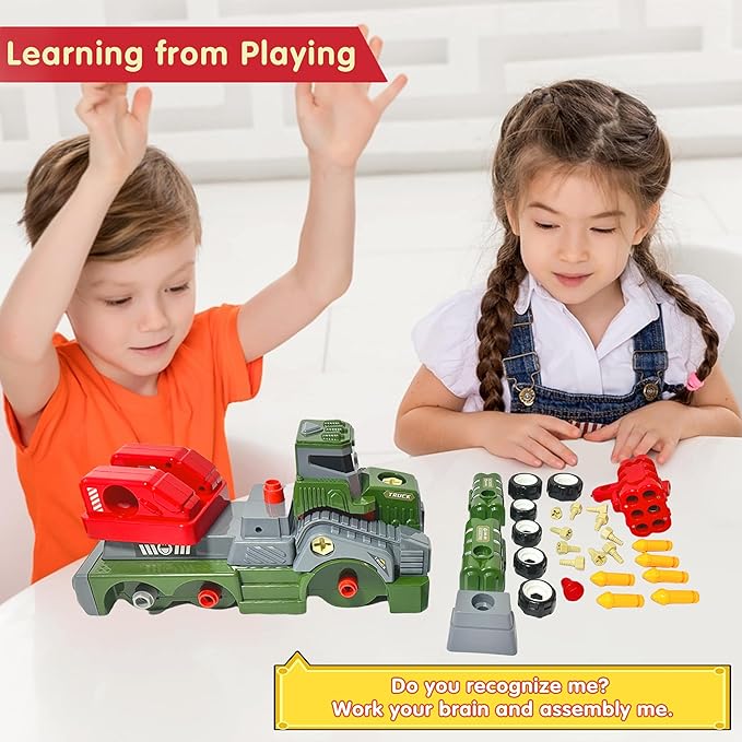 11inches Large Take Apart Army Toys for Boys Girls Kids 3-5 6-8 Year Old Missile Katyusha Rocket Trucks with Electric Drill Assembly Toy Set Gifts
