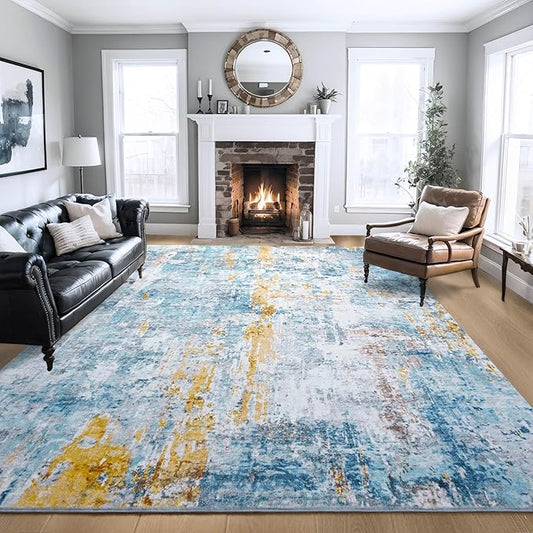 Ompaa Living Room Rug 8x10 Blue Area Rugs Machine Washable Abstract Boho Large Carpet Non-Slip Non-Shedding Faux Wool Indoor Vintage Rugs for Bedroom, Classroom, Dining Room, Kids Playroom