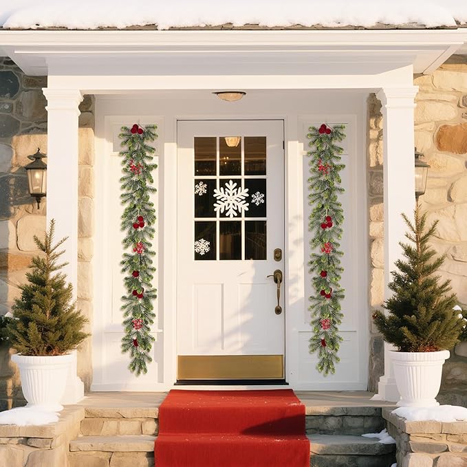 SY Super Bang 6FT Christmas Garland, Artificial Green Garland Christmas Decorations with Velvet Ball Red Berry Exquisite Ornaments, for Indoor Outdoor Home Table Fireplace Xmas Party Holiday Decor.