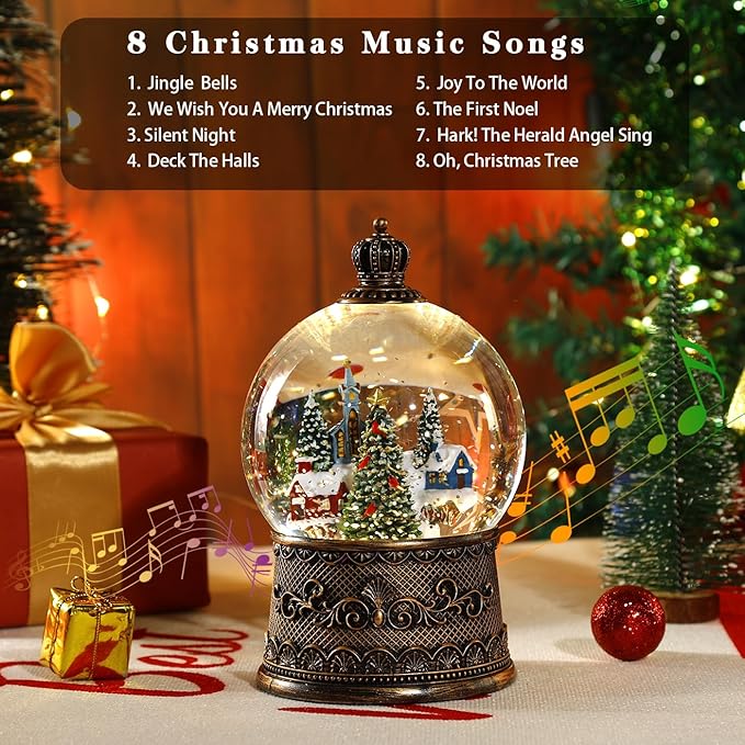 100mm Christmas Snow Globe with Music and Water Feature Christmas Lantern Decorations Snow Village with Large Christmas Tree Dual Power Supply Mode: USB and Battery Powered