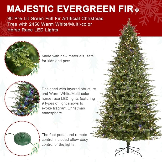 Glitzhome 9ft Prelit Artificial Christmas Tree, Green Full Christmas Tree Majestic Evergreen Fir with 2450 Warm White/Multi-Color Horse Race LED Lights, 9 Function w/Foot Pedal and Remote Control