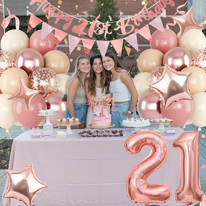 21st Birthday Decorations for Her, Retro Pink Nude Number 21 Balloon Set Happy 21st Birthday Banner Cake Topper Dusty Pink Beige Rosegold Star Balloons for Women 21 Year Old Bday Party Decor