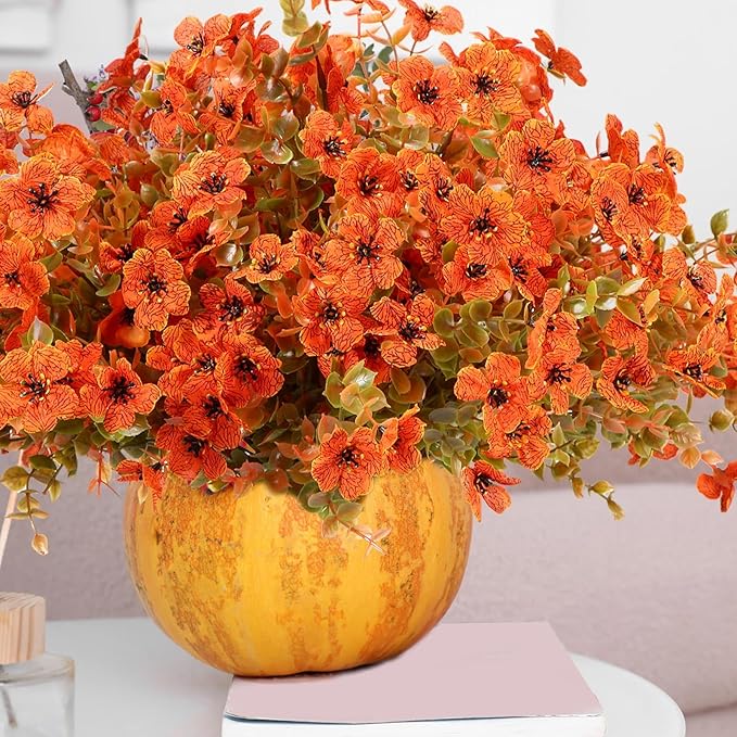 Zeyune 48 Bundles Fall Artificial Flowers Outdoor Decor, Orange UV Resistant Fake Autumn Mums for Thanksgiving, Halloween Pumpkin Porch, Window Box, Patio and Garden Decoration