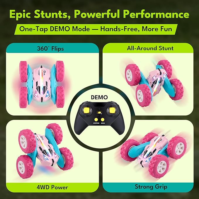 Threeking Remote Control Car RC Cars Toys for Girls Boys Ages 6-12, Upgraded USB-C Modular Batteries, 4WD Stunt Car with Breathing Soft Lights, Double-Sided Driving & 360° Flips, Presents Gifts, Pink