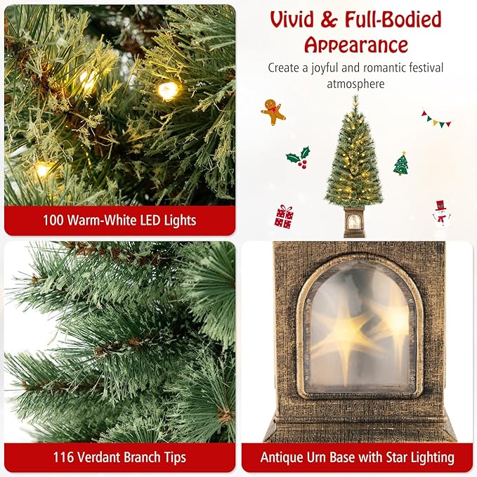 Goplus 4ft Pre-Lit Christmas Tree for Entrances, Artificial Potted Xmas Tree with 100 LED Lights, Timer, 3 Lighting Modes, 116 Branch Tips, Pine Needles, Antique Urn Base, Porch Indoor Holiday Decor