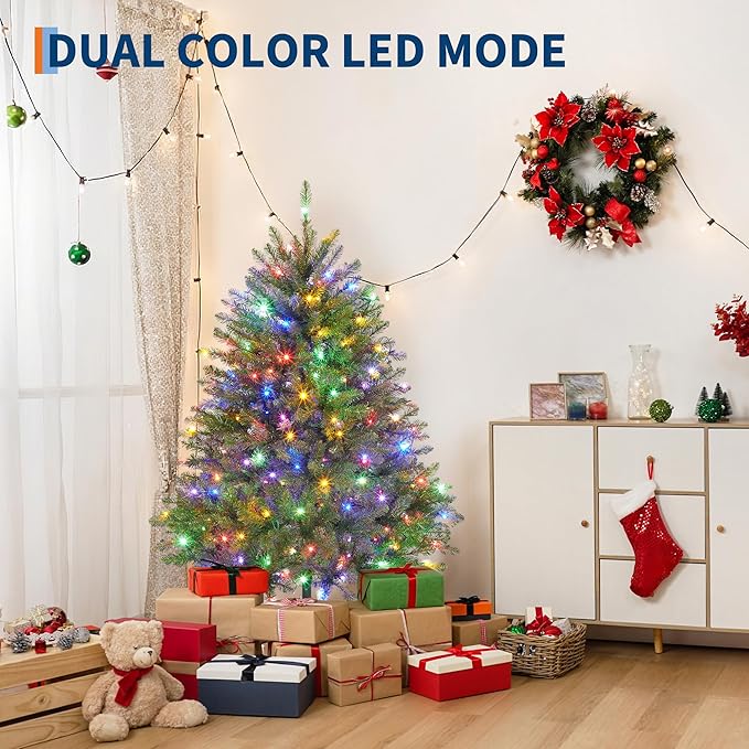 Christmas Artificial Tree 4.5 FT, PVC Mixed Automatic Tree with Dual Color LED Lights, Easy Setup, Durable, Modern Design, Indoor & Outdoor Holiday Decoration