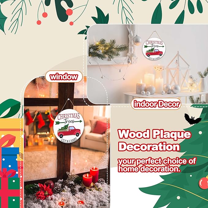 Rustic Christmas Tree Hanging Decorations, 10 Inches Farmhouse Decorative Wooden Plaque with Jute Rope for Door Wall Shelf Decor, Winter New Year Gifts-MBA14