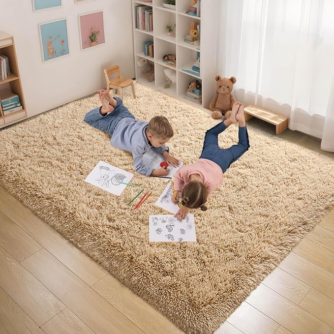 6x9 Fluffy Soft Beige Rug for Living Room Bedroom, Large Area Rugs Super Soft Shaggy Carpet for Classroom Kids Babys Playroom Toddler Nursery Dorm Home, Modern Indoor Non Slip Rug