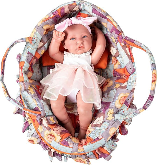 Doll Carry Cot Set Doll Carrier Soft Basket Bassinet, Includes 1 Cot and 1 Pillow, Orange Cartoon Doll Bassinet, Fits for 18-inch American Girl Dolls