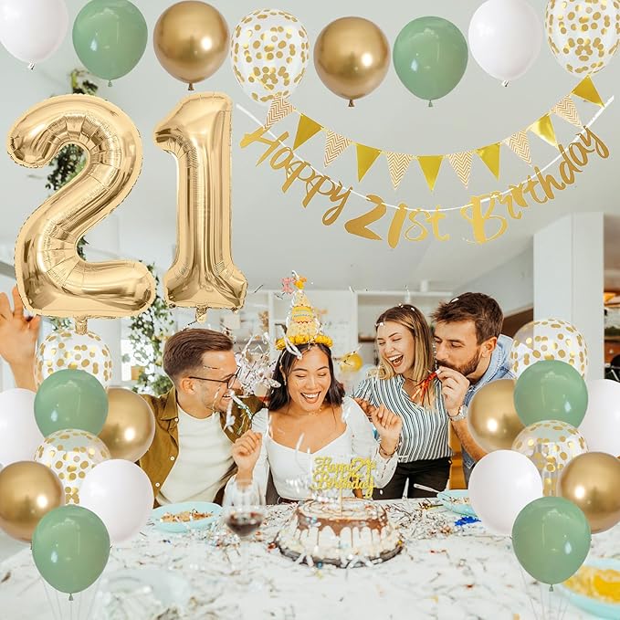 21st Birthday Decorations for Him Her, Happy Banner With Cake Topper Number 21 Foil Balloon, Sage Green White Gold Balloons for Men Women 21 Year Old Party Decoration
