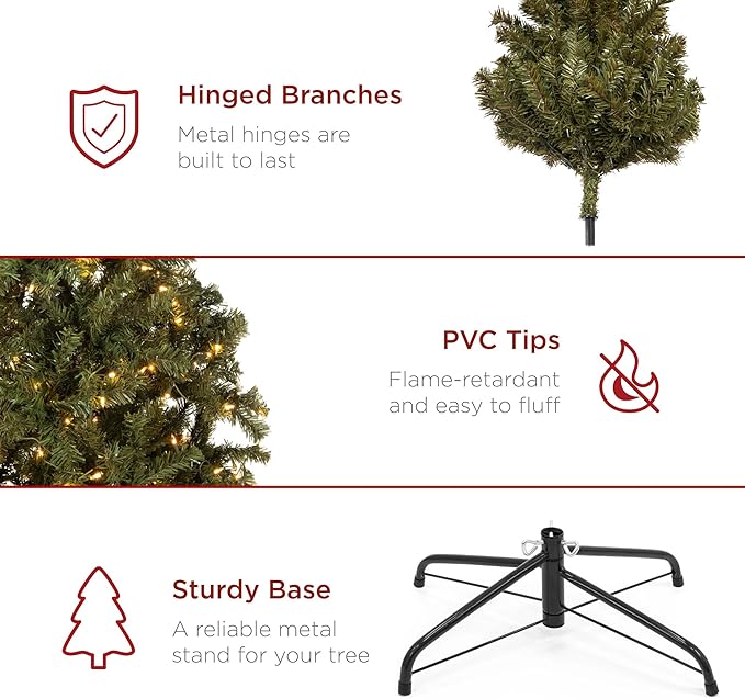 Best Choice Products Artificial Christmas Tree, 7.5ft Premium Pre-Lit Realistic Spruce Holiday Décor w/Dense Branches, Metal Base - Green Spruce