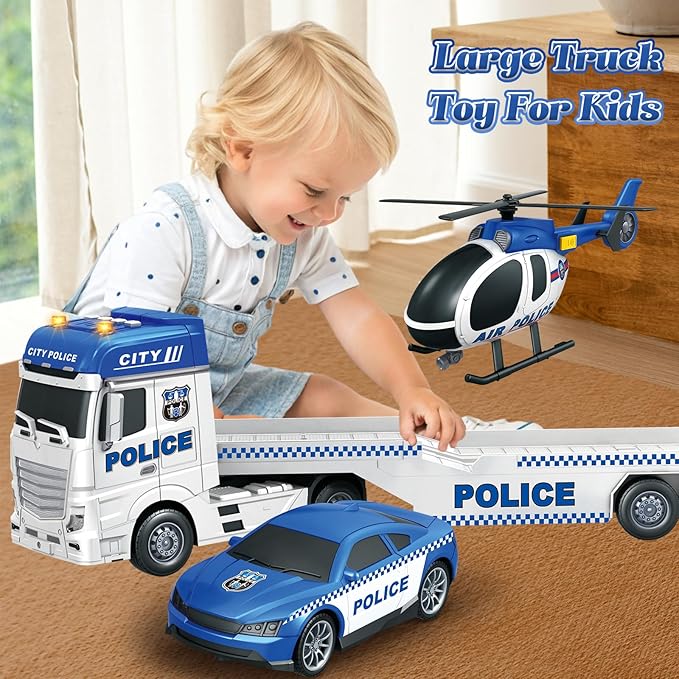 3-in-1 Police Truck Toys for Kids Ages 3-6 - Inertia Semi Trailer with Racing Car & Helicopter, Light and Sound Play Vehicles
