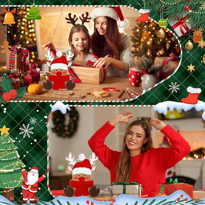 Britimes 4 Pcs Christmas Reindeer Table Decor Christmas Tiered Tray Decorations Set Red Nose Reindeer with Scarf Block Signs Gift Rustic Farmhouse Tabletop Decor for Table & Home Office