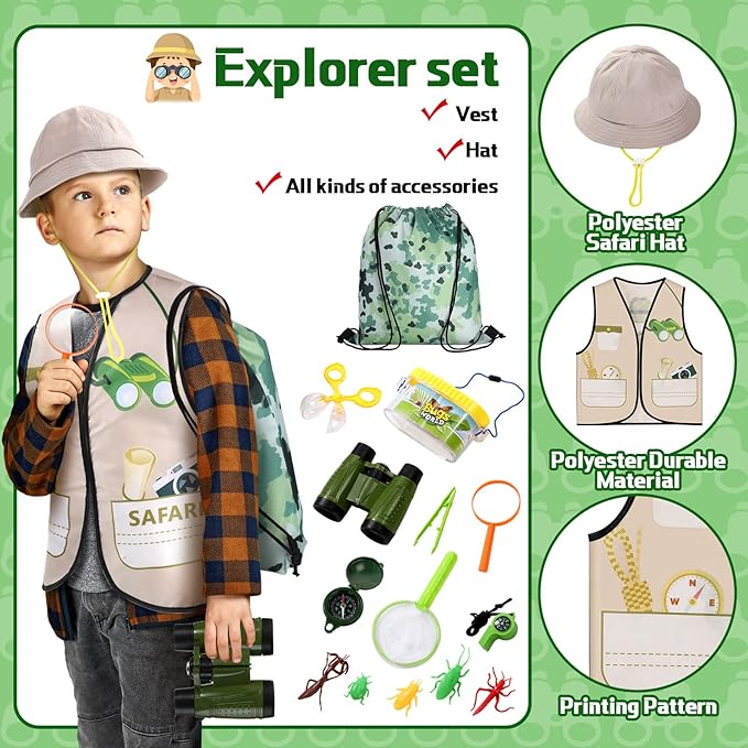 Deekin 3 Sets Kids Dress Up and Pretend Clothes with Plastic Toys for Toddler 3-7 Ages, Role Play Construction Worker, Chef, Explorer Dress Up Vest for Boys Girls Costumes Accessories Play