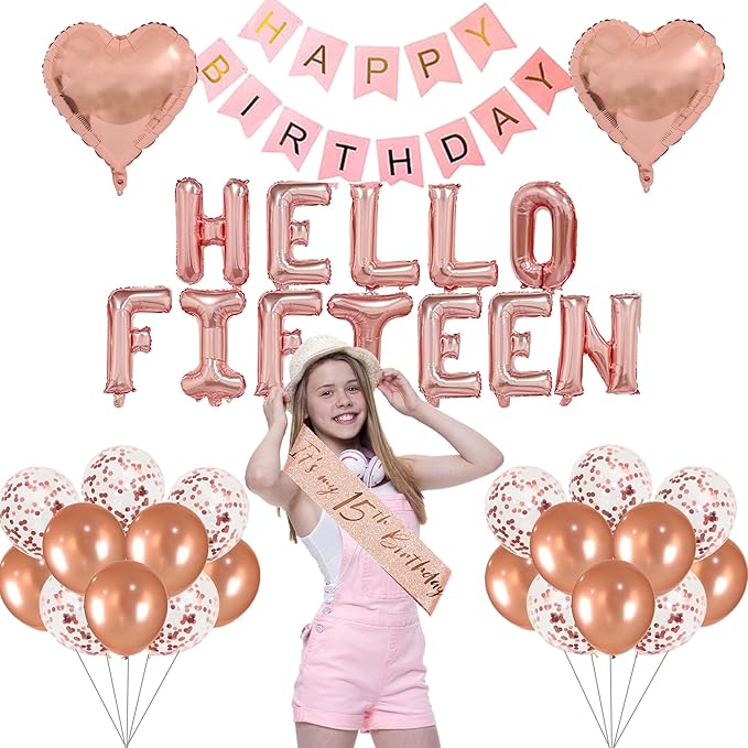 15th Birthday Decorations for Girls Rose Gold 15th Happy Birthday Tiara Sash Hello Fifteen Party Supplies Number 15 Balloons 15 Years Old Bday Party Kit for Her Girl (Rose gold)