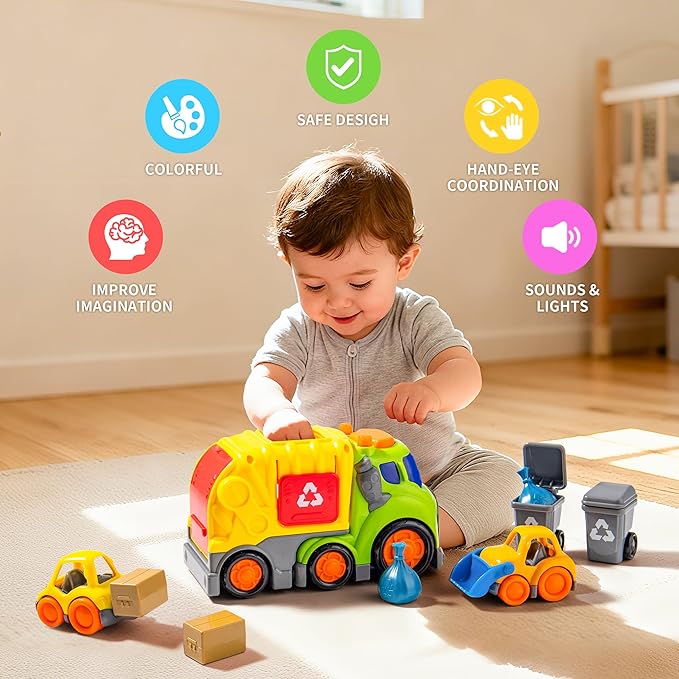 P&C 7.5" Toddlers Garbage Truck Toys for Ages 2-4, City Vehicle Trash Truck Car Set with Sounds and Lights for Kids 18M+, 2, 3, 4 Year Old, Ideal Birthday Christmas Gifts for Boys Girls