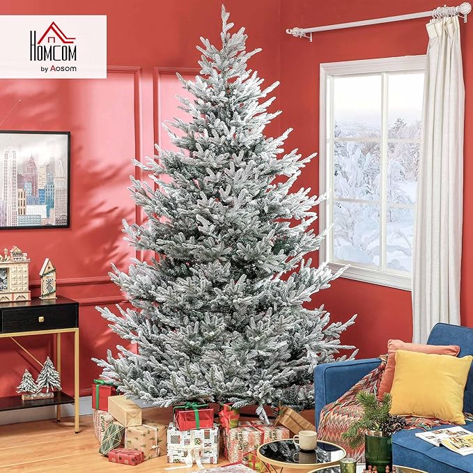 HOMCOM 9 Foot Artificial Christmas Tree, Pine Hinged Xmas Tree with 1939 Realistic Branches, Steel Base, Auto Open, Green with Snow-Flocked