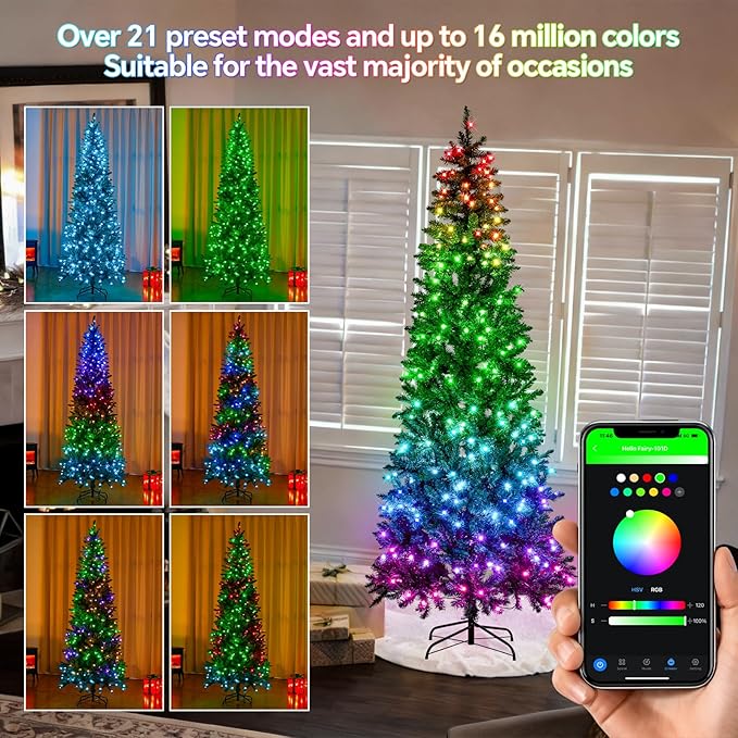 7.5FT Prelit Christmas Tree with 350 LED Lights, App Controlled Artificial Christmas Tree with Multi-Color RGB Lights & Music Sync, Slim Pencil Christmas Tree for Home Christmas Decorations