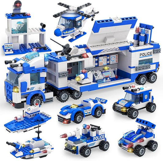 EP EXERCISE N PLAY 1338 Pieces City Police Car Building Sets, Police Station Truck Toy Blocks Set with Prison Helicopter Cop Car Boat for Boys and Kids Aged 6-12