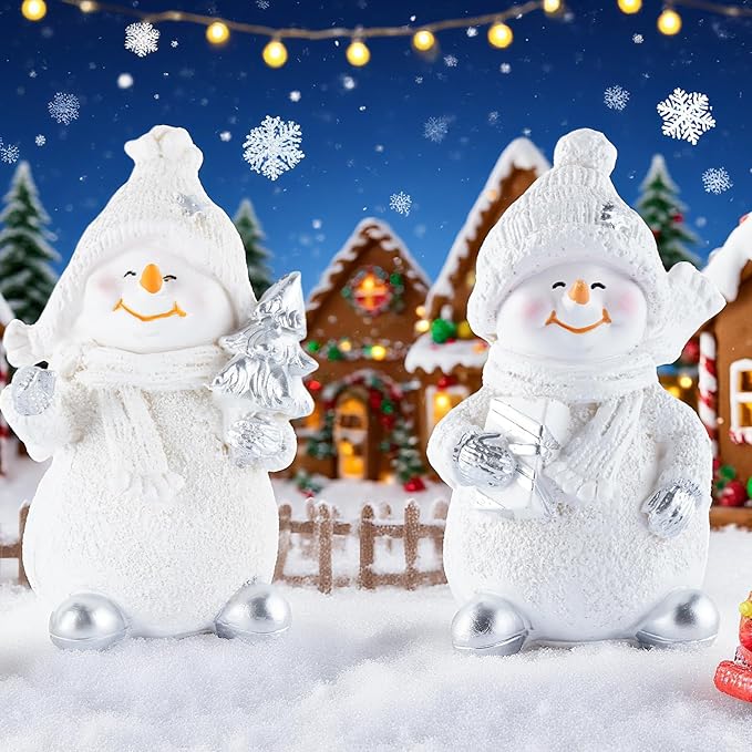 2-Piece Resin Snowman Christmas Decorative Statues, Ideal for Outdoor Patio Lawn & Indoor Holiday Home Decoration, for Parents and Friends