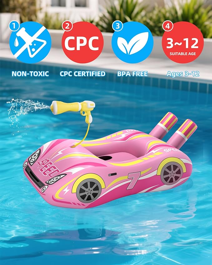 JOSEN Pool Floats Kids with Water Gun, Inflatable Ride-on Car Funny Pool Floats for Kids Ages 3-8, Toddler Pool Float, Summer Outdoor Lake Beach Party Pool Toys for Boys Girls