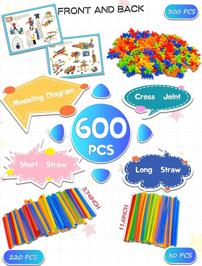 600PCS STEM Building Toys, Straw Constructor Toys Up Grade Engineering Building Sets for Kids Develops Motor Skills and Logic Thinking, Fun Educational Toy Great for Gift