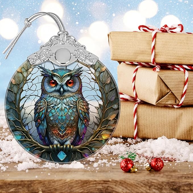Owl Christmas Ornament - Stained Glass Hanging Tree Decoration, Holiday Home Decor, Gift Exchange Idea