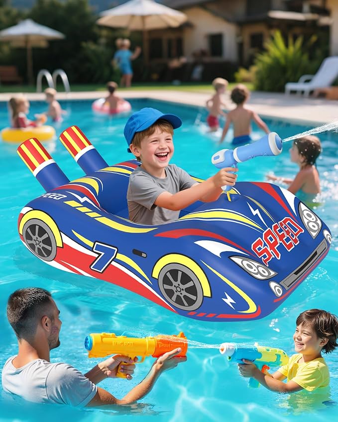 JOSEN Pool Floats Kids with Water Gun, Inflatable Ride-on Car Funny Pool Floats for Kids Ages 3-8, Toddler Pool Float, Summer Outdoor Lake Beach Party Pool Toys for Boys Girls