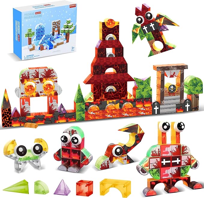 Magnetic Blocks 122PCS - Flame Theme Translucent Shapes, STEM Preschool Construction kit, Safe ABS no-Odor, CPC ASTM Compliant, Travel-Ready Ages 3–12, Ideal Birthday