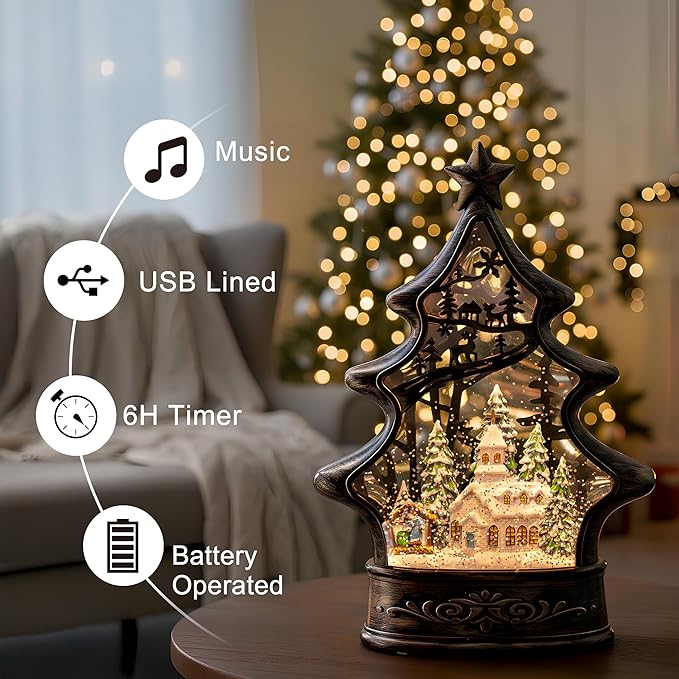 Musical Snow Globe Christmas Tree Lantern Lighted Church with Nativity Manger Scene Water Lantern in Swirling Glitter, Christmas Home Decoration and Gift, Battery Operated or USB Powered