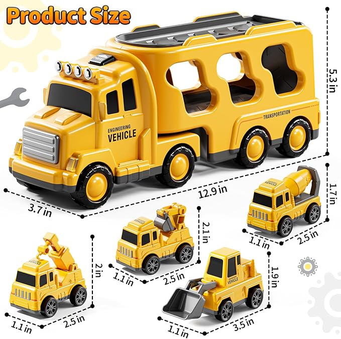 5 in 1 Construction Toys Cars for Toddler Ages 2-4, Transport Vehicle with Sounds and Lights, Excavator Toy for Boys, Christmas Birthday Gifts for Kids 2 3 4 5 6 Years Old