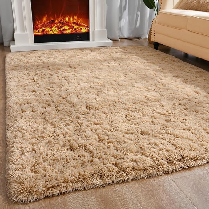 Ompaa Beige Area Rug 9x12 Rugs Large Living Room Fluffy Carpet for Bedroom Dorm, Non-Slip High Pile, Light Tan Modern Big Shag Rug for Classroom Kids Playroom Nursery Home Office Decor