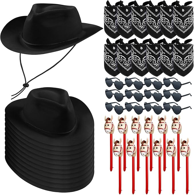 Xtinmee 48 Pcs Kids Cowboy Party Favor with Cowboy Hats Inflatable Stick Horses Bandanas Heart Glasses for Kid Costume(Black)