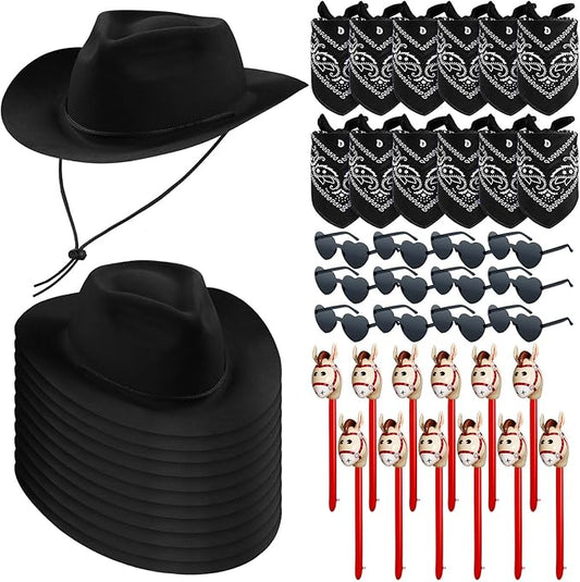 Xtinmee 48 Pcs Kids Cowboy Party Favor with Cowboy Hats Inflatable Stick Horses Bandanas Heart Glasses for Kid Costume(Black)