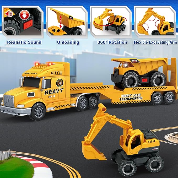 SpringFlower 3 4 5 6 Toddler Boy Toys, 25" Construction Carrier Truck Vehicle Car, Boys Car Toys with Excavator and Dump Truck, Birthday Gifts for Kids 3 4 5 6 Years Old