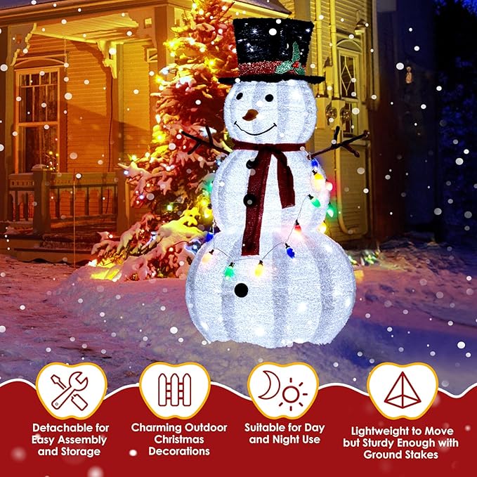 Outvita Outdoor Christmas Decorations 4ft Lighted Snowman, White Snowman with Twinkle Lights Red Scarf Black Hat & Colorful Lights, Foldable Snowman for Xmas Indoor and Outdoor Garden, Yard Decor