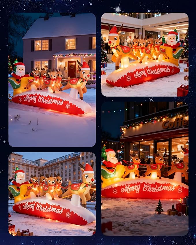 12 FT Christmas Inflatable Santa Sleigh with 5 Reindeer Outdoor Decoration, Blow Up Yard Decor with Bright LED Lights, Santa Claus Xmas Decor for Garden Lawn Backyard