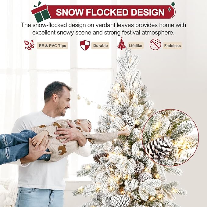 6.5 FT Pre-Lit Snow Flocked Slim Fir Christmas Tree with 1085 PE & PVC Mixed Branch Tips,Artificial Skinny Pencil Xmas Tree with 700 Warm-White Lights & 37 Pine Cones,Hinged Pine Tree with Metal Stand