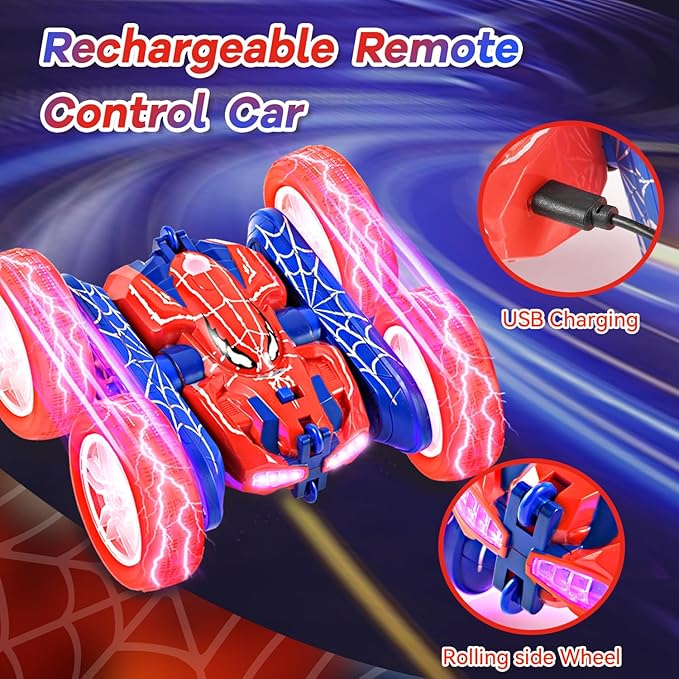 Spider Remote Control Car, 2.4Ghz Double Sided Off-Road 360 Rotating Drift Car With Headlight, Rechargeable Indoor Outdoor 4WD Stunt Toy for Boys 4-13 (Blue)
