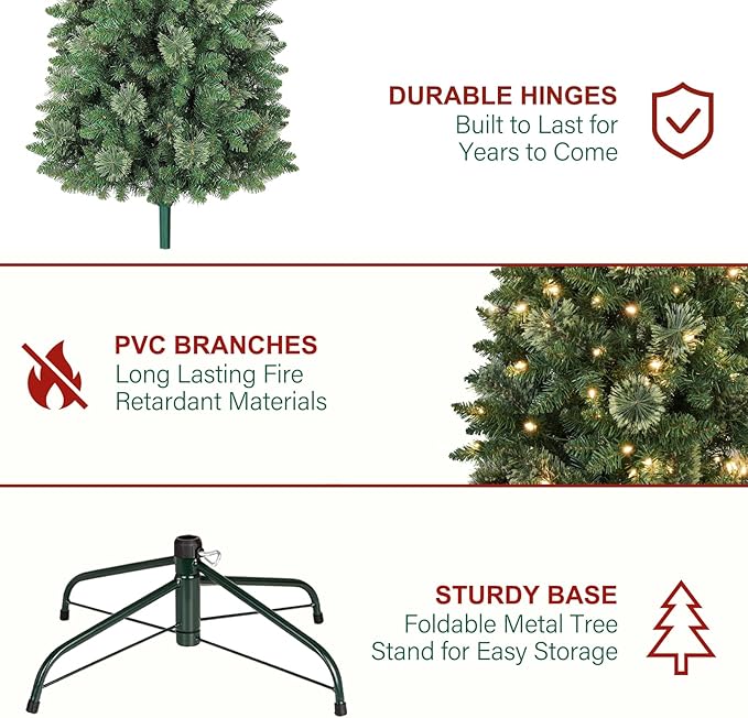 Hykolity 6 ft Prelit Pencil Slim Christmas Tree with 200 Warm White LED Lights, 544 PVC Branch Tips, Metal Stand and Hinged Branches