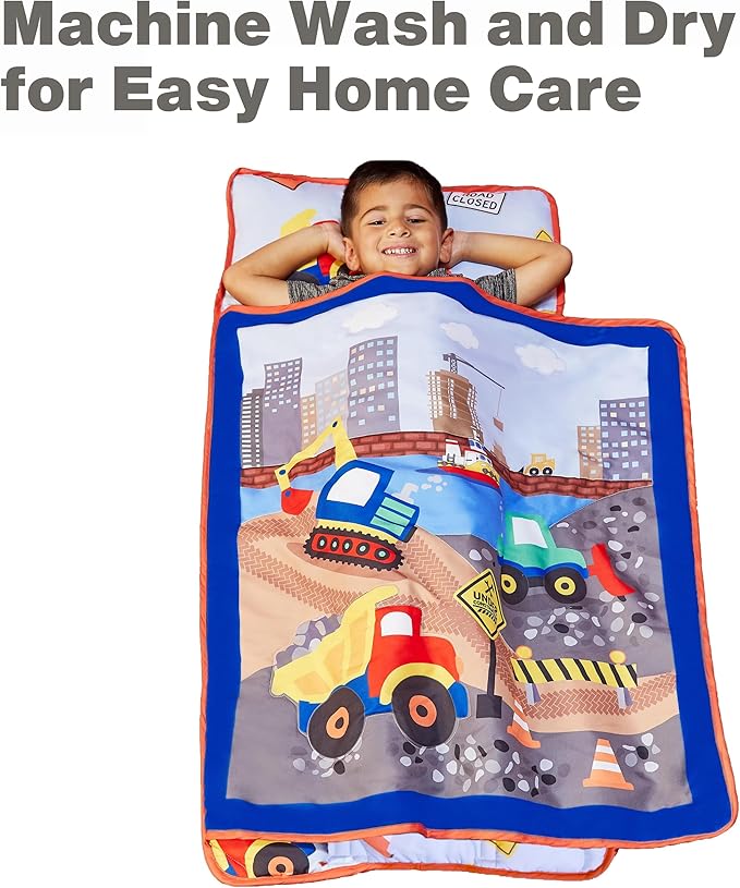 EVERYDAY KIDS Toddler Nap Mat with Removable Pillow -Under Construction- Carry Handle with Fastening Straps Closure, Rollup Design, Soft Microfiber for Preschool, Daycare, Sleeping Bag -Ages 2-6 years