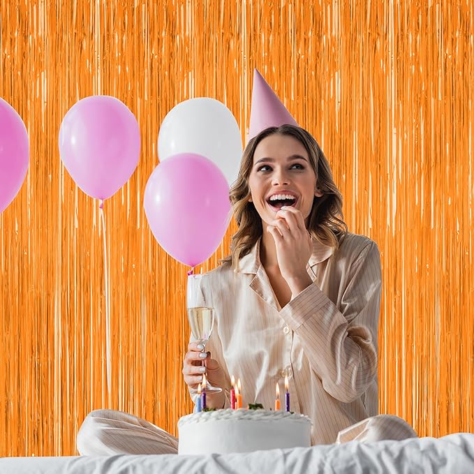 2 Pack Backdrop Curtains, 3.28 FT x 7.05 FT Orange Color Tinsel Backdrop, Metallic Party Streamer Fringe Curtains, Foil Curtains Halloween Decor Birthday Party Supplies