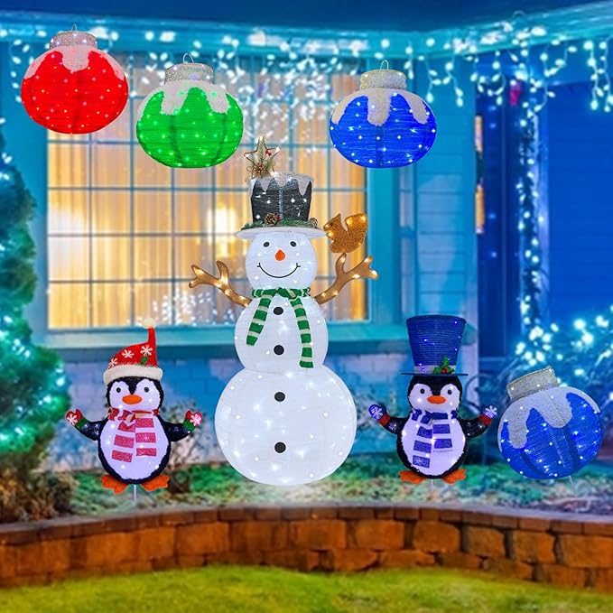 Lighted Penguin Outdoor Christmas Decorations, Pop-Up Penguin Outdoor Décor Prelit 60 Lights, Collapsible Lighted Blue Christmas Decorations for Porch, Yard, Garden-Blue