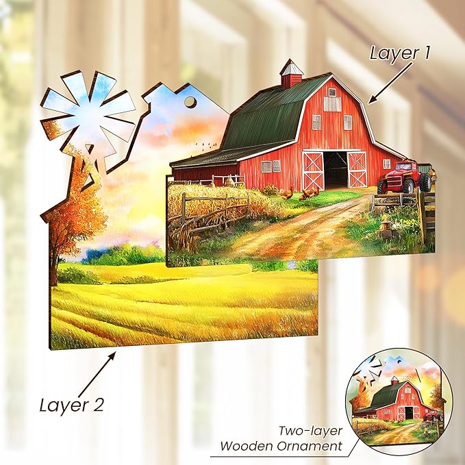 OASSIE Christmas Farmer Gifts for Women Men - Wooden Rustic Farmhouse Ornaments for Tree Decorations - Red Barn Rustic Gifts for Farmers, Farmhouse Christmas Decor, Xmas Gift for Farmer