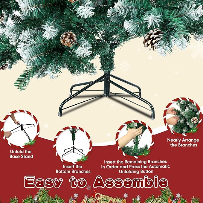 7Ft Christmas Tree,Green Artificial Hinged Holiday Christmas Pine Tree with Pinecones,Xmas Tree w/1400 Snow Flocked Branch Tips for Home,Office,Party Decoration