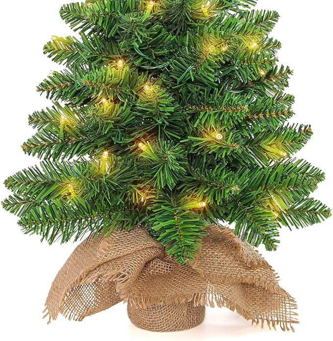 Small Christmas Tree with Lights,2ft Pre Lit Artificial Mini Xmas Tree for Tabletop,Outdoor,Bedroom,Office Decorations,Includes 50 Led Warm Lights,73 PVC Branch Tips,Green（Battery Operated）