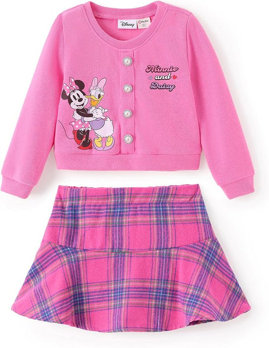 Disney Frozen Elsa Stitch Princess Moana Minnie Toddler Girl 2 Piece Outfit Kid Pearl Button Knit Top & Tweed Skirt Set 2-13Y