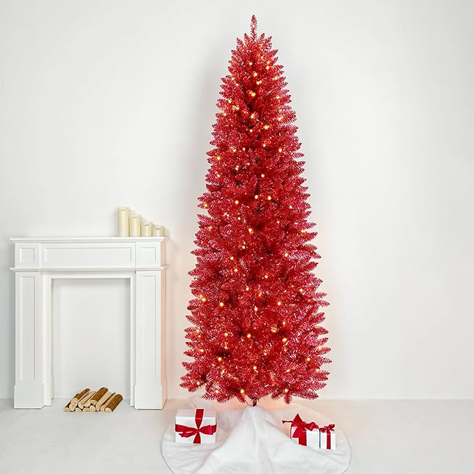 7.5FT Prelit Slim Artificial Maple Red Tinsel Christmas Tree with 250 Warm White LED Lights, Sparkling Skinny Pencil Metallic Tree for Girls’ Rooms, Living Rooms Modern Holiday Décor