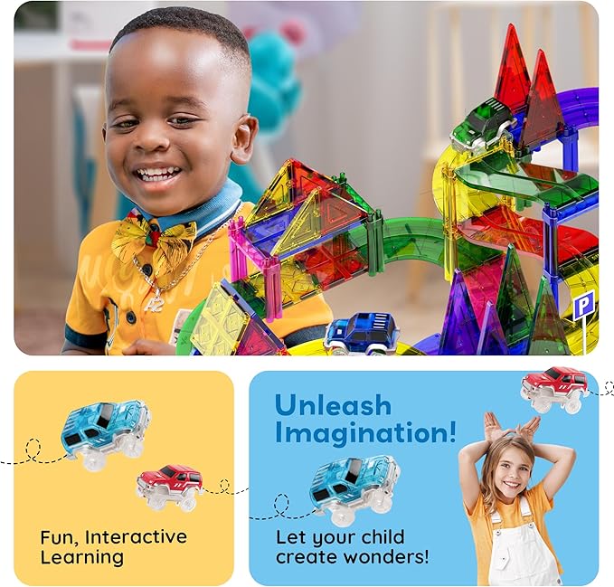 PicassoTiles 128 Piece Race Car Track Building Block Educational Toy Set Magnetic Tiles Magnet Playset 3 LED Car STEM Learning Construction Kit Hand-Eye Fine Motor Skill Training Brain Development
