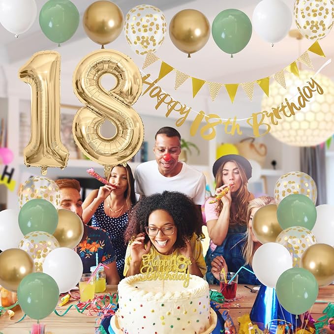 18th Birthday Decorations - Happy 18th Banner, Cake Topper, Foil Balloons in Sage Green, White, Gold for 18 Year Old Party